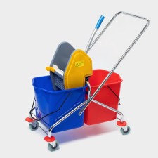 Cleaning trolley with vertical spin, two buckets of 25 liters, on wheels, chrome frame