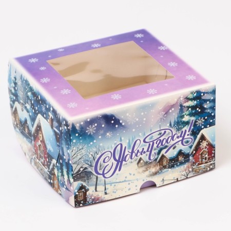 New Year. Box for 4 cupcake with the window "Winter village", 16 x 16 x 10 cm, packaging-1