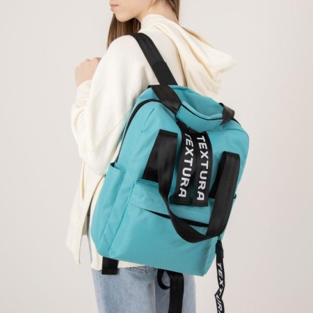A backpack - a youth bag of textiles with a zipper, 3 pockets, Textura, Biryuzovoy color-5