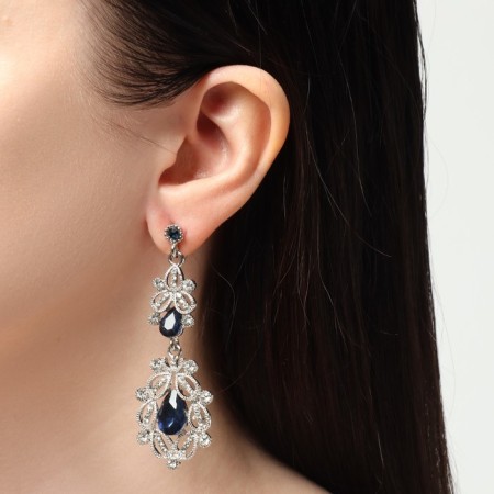 Hanging earrings with “grace” rhinestones, blue color in silver, 9 cm-3