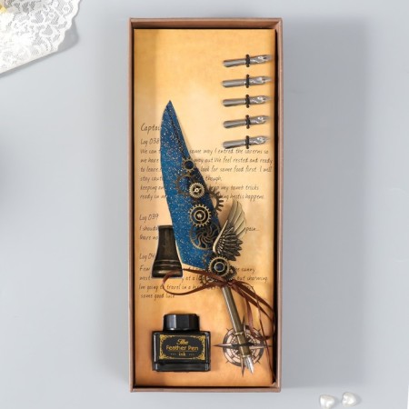 Feature handle set with interchangeable feathers+stand+ink "mechanisms" 26x12x4 cm-1