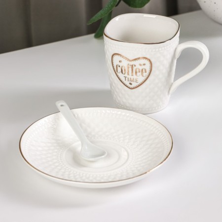 Coffee steam ceramic with a spoon of Coffee, 2 items: a mug of 190 ml, a saucer, a drawing mix-1