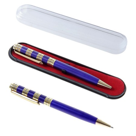 Gift handle, ballpoint "luxury" in a plastic case, rotary, blue with golden inserts
