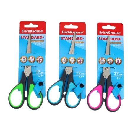 Scissors Erichkrause Standard+, 17 cm, with improved double sharpening, handles with anti -slip rubber inserts, mix-15