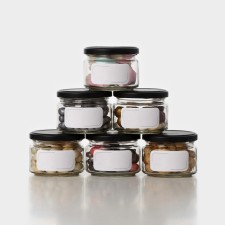 A set of glass cans with a black cover and label, TO-82, 0.25 l, 6 pcs