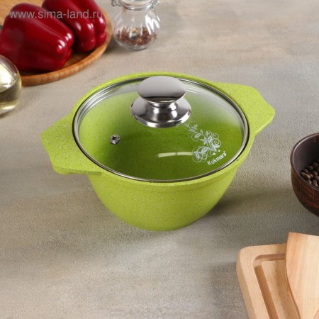 Trendy Style, 1 l, glass cover, anti -stick coating, green color, green-6