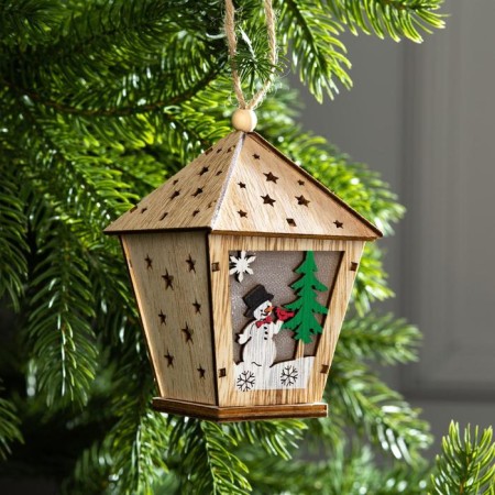 Christmas tree toy "Lantern with a snowman", from batteries, a glow of warm white-1