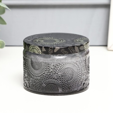 Bank for candles glass with a "flower" gray lid, round 5x7x7 cm