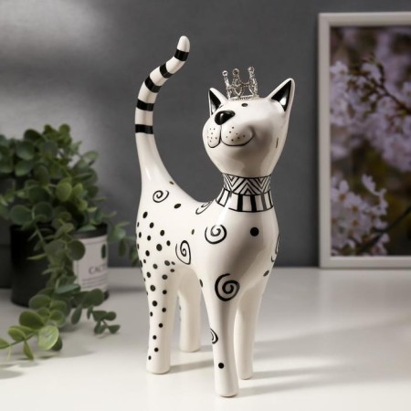 Souvenir Ceramics "A cat in a crown, patterned" white-hour with gold 23.5x6.5x14.5 cm-1