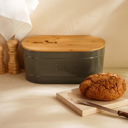 Metal breadstone with a bamboo lid SL Home “CACE”, 2 items: Bread 36 × 20 × 15.5 cm, knife length 28.3 cm-7