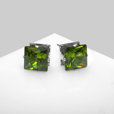 Earrings with rhinestones "Pusets" radiance, square, d = 0.8, green color in silver-2