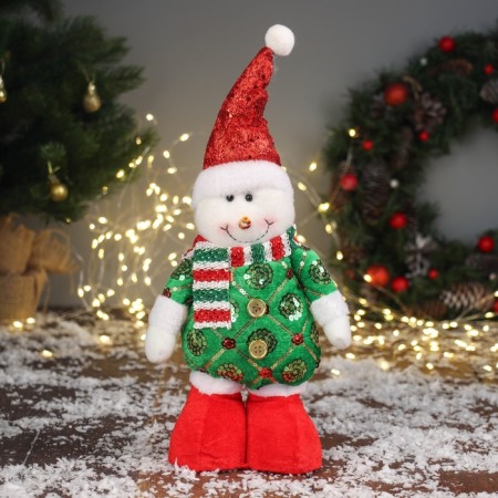 Soft toy "Snowman in a radiant costume" 34x17 cm, red-green