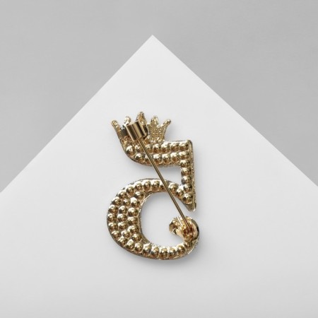Brooch "Five" with a crown, white color in gold-1