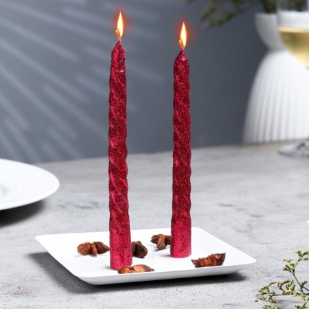 A set of candles of twisted, 1.5x 15 cm, 2 pieces, sparkle, red