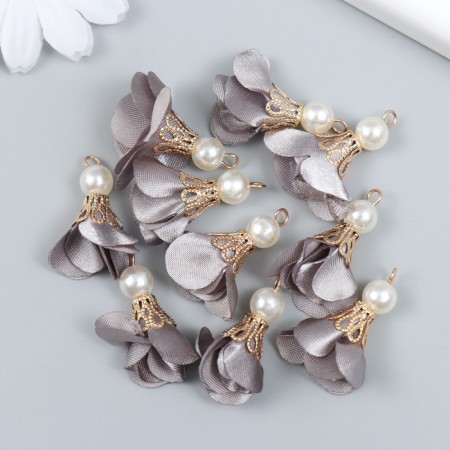 Decor for creativity Textile "Flower with a pearl. Gray" set 10 pcs 2.5 cm-2