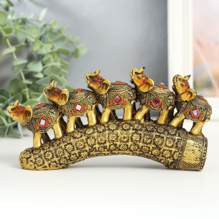 Polystone souvenir "Five elephants on a tusk with flowers" bronze 17x4x8 cm