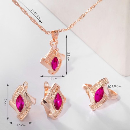 Set 3 objects: earrings, pendant, ring "Edel" rhombus perfection, pink color in gold, 45 cm-1