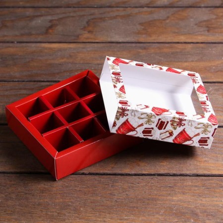 New Year. Box for sweets with a shell of 9 pcs "cocoa", 13.7 x 13.7 x 3.5 cm-3