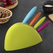 A set of kitchen knives on a stand, blade: 15 cm, 11.5 cm, 11 cm, 8 cm, on a stand, color mix