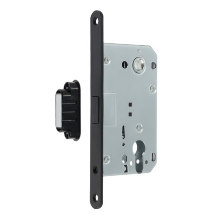 The latch is flattened magnetic, under the Lockland ZLK4BL cylinder, black color is black-3