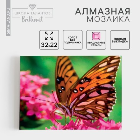 Diamond mosaic with a full filling on the canvas "Babochka", 22 x 32 cm