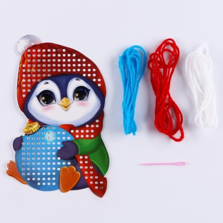 New Year's set for creativity. Embroidery with yarn "New Year! Penguin with a ball "on cardboard-2