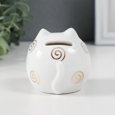 Piggy bank Ceramics "Cat Mani-Neko with a Round fish with patterns" 7x7x6.8 cm-2