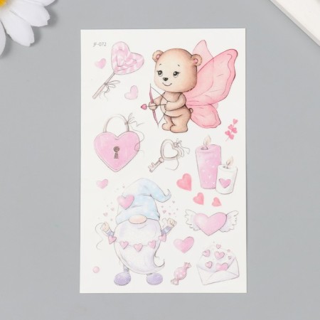 Tattoo on the body phosphorus color "Gnome and Bear with hearts" Glitter 7.5x12 cm