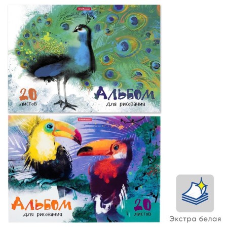 Album for drawing A4, 20 sheets, block 120 g/m², glue, Erich Krause "Birds of Hot Countries", 100% White, solid substrate