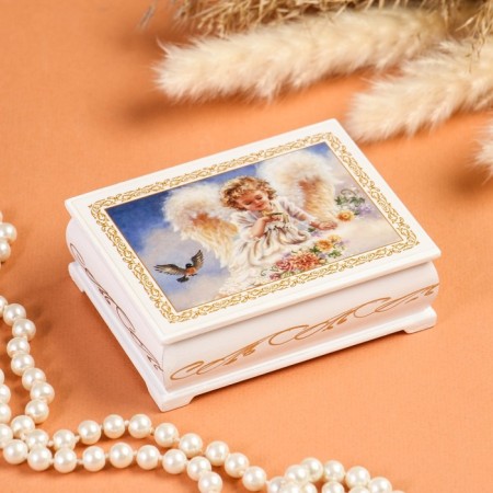 Casket "Angel with birds", white, 8 × 10.5 cm, lacquer miniature