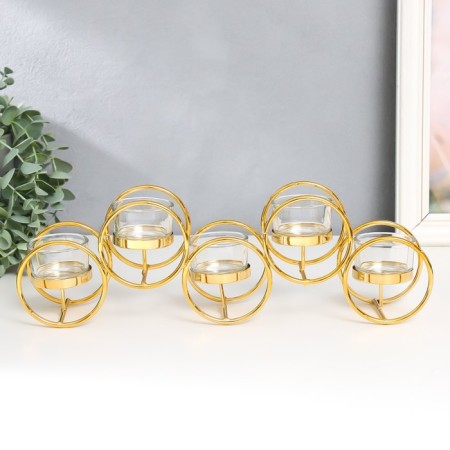 Summary metal, glass for 5 candles "double rings" d-4.5 cm gold 33.5x6.5x12.5 cm-1