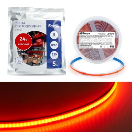 Feron 5 m, IP20, COB LED strip, 320 LED/m, 8 W/m, 24 V, red glow red
