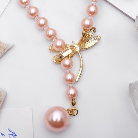 The necklace is “pearl” with a flipping element, dragonfly, pink color in gold, 50 cm-2