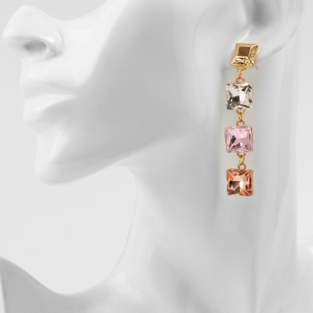 Earrings with “Bloom” rhinestones, light, colored squares in gold-3
