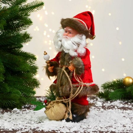 Santa Claus "In a caftan with buttons and a bag" 30 cm, moves, red-brown-3