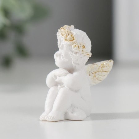 Souvenir Polystone "Angel with handles on the knees sits" White with gold 4x3x2 cm-3