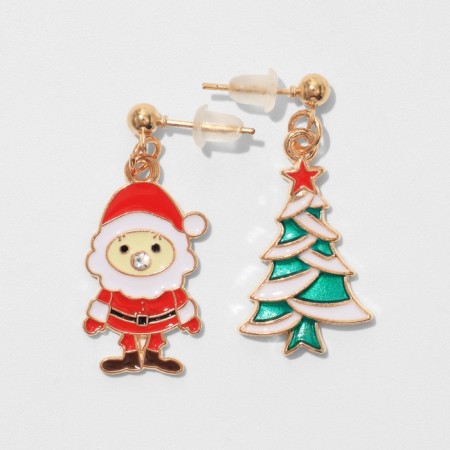 Earrings "New Year" Christmas tree and Santa, colored in gold-2