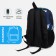 A backpack with a zipper, 3 external pockets, blue/white color