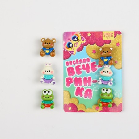 A set of plastic badges "Merry Party", 3 pcs, 2.1 x 2.9 cm