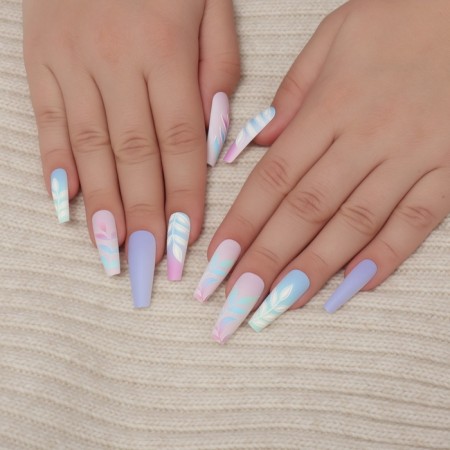 Falbled nails “Leaflets”, 12 pcs, with adhesive plates, ballerina shape, multi -colored-8