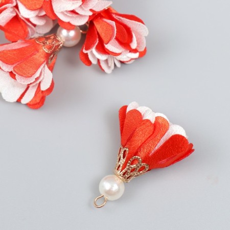 Decor Textile "Flower 2 colors with pearls. Red and white" set 6 pcs 3 cm-1