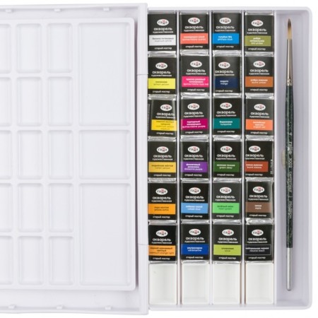 A watercolor art in cuvette, 24 colors x 2.6 ml, gamma "Old Master" with a brush, 200622_0224-1