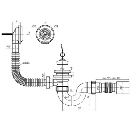 A set for the bathtub "Ani Plast" E155: a siphon with a release, overflow 1 1/2 ", a flexible pipe-3