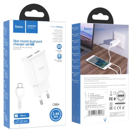 Network charger Hoco C88A, 2 USB, 2.4 A, Micro USB - USB, 1 m, white cable-4