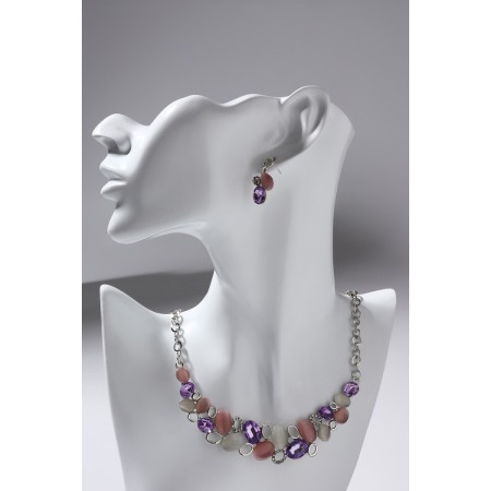 Set 2 objects: earrings, necklaces "leaflets", pink color in silver, 40 cm-4