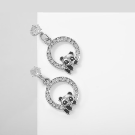 Emall earrings "Panda" on rings, black and white color in silver
