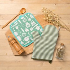 Set of shade, mittens+grabbit green strip/kitchen, 100%PE, mobbled 200 g/m