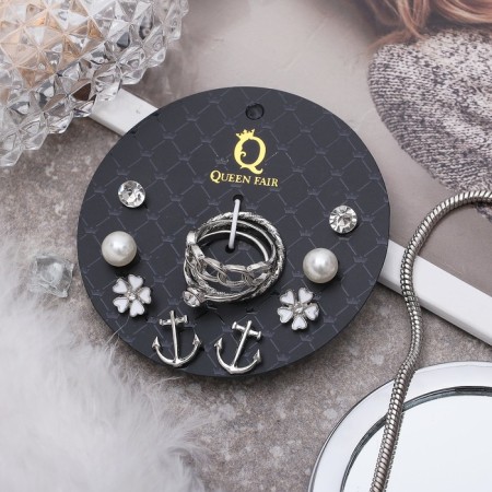 Pusets with rings "mood" anchor and flowers, white color in silver