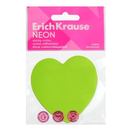 Block with a sticky edge paper 70x70mm, Erichkrause "Heart Neon", 50 sheets, green-1