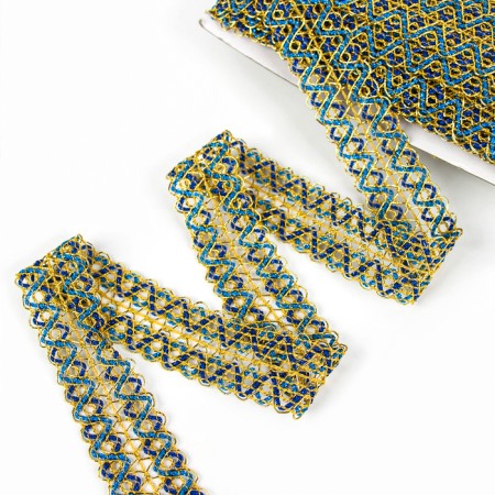 Sigzag braid, width 3.5 cm, in a roll 25 m., Blue-blue-gold-1